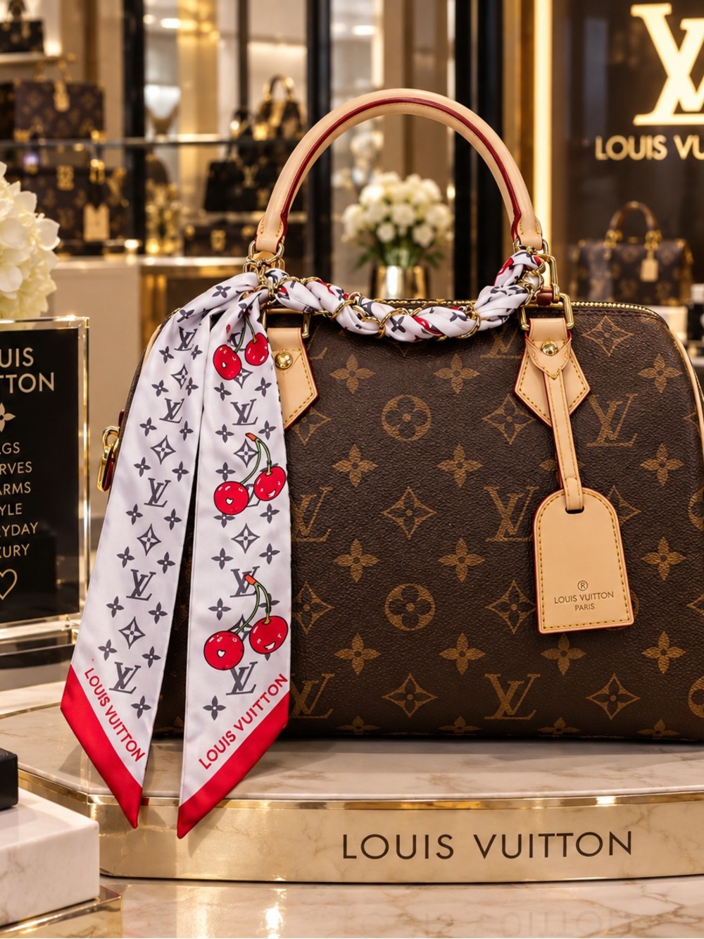 LV Red -Trim Cherry Bag chain scarf- stamped on clasps